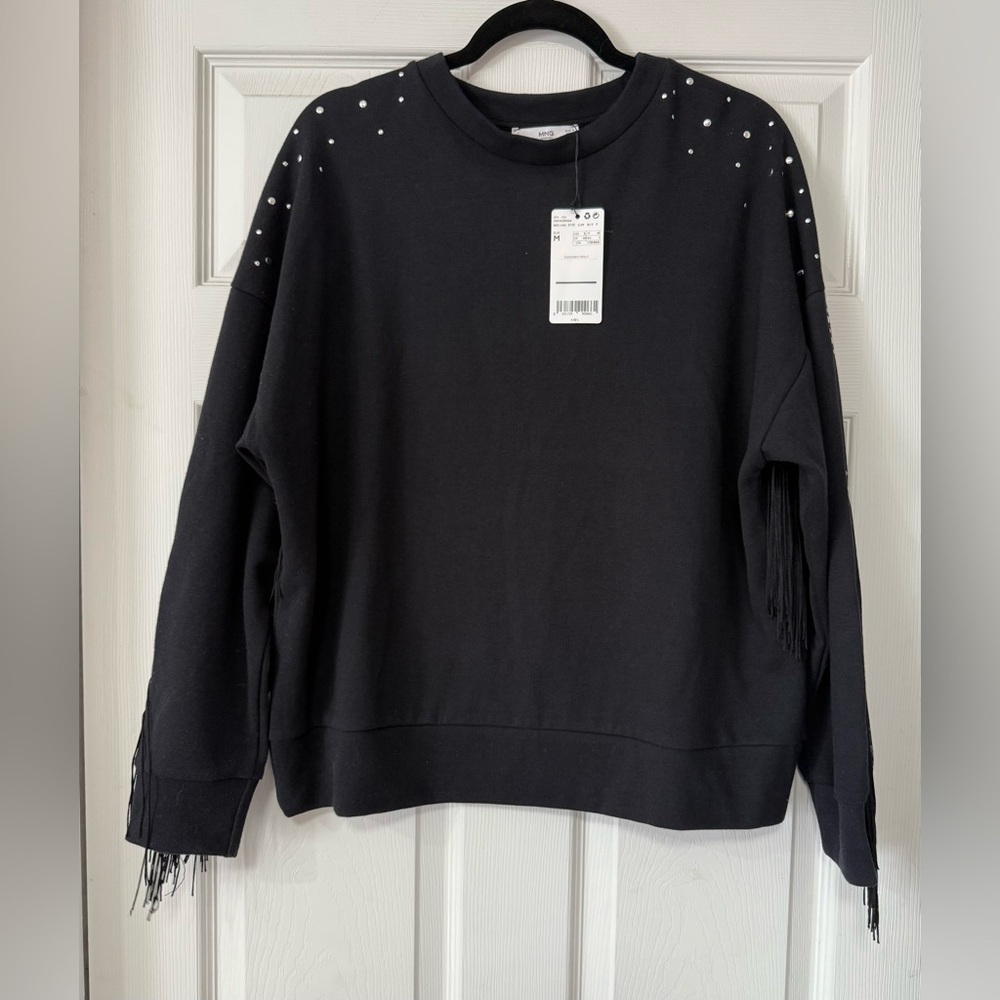 MANGO Women’s Black Studded Fringed Sweater Size S NWT